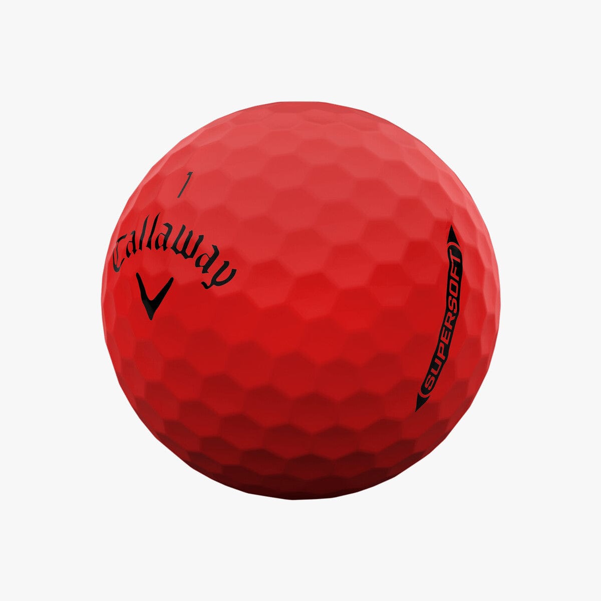 Roter Callaway Supersoft Matte Golfball mit schwarzem Logo und Strukturoberfläche.