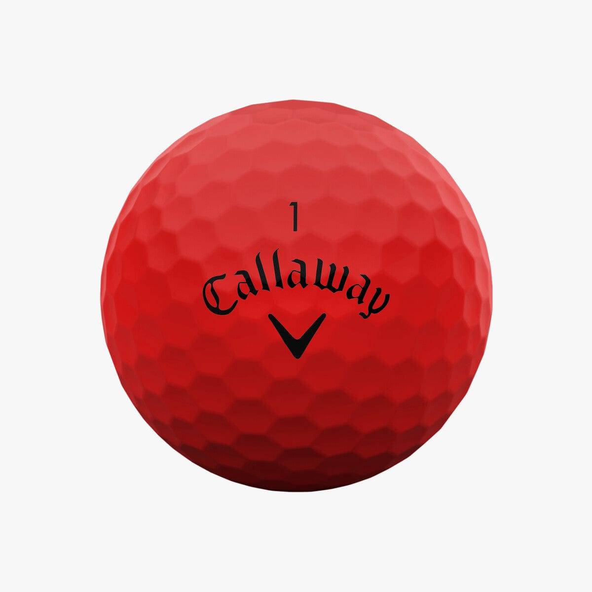 Roter Callaway Supersoft Matte Golfball mit schwarzem Logo und Nummer 1, strukturierte Oberfläche.