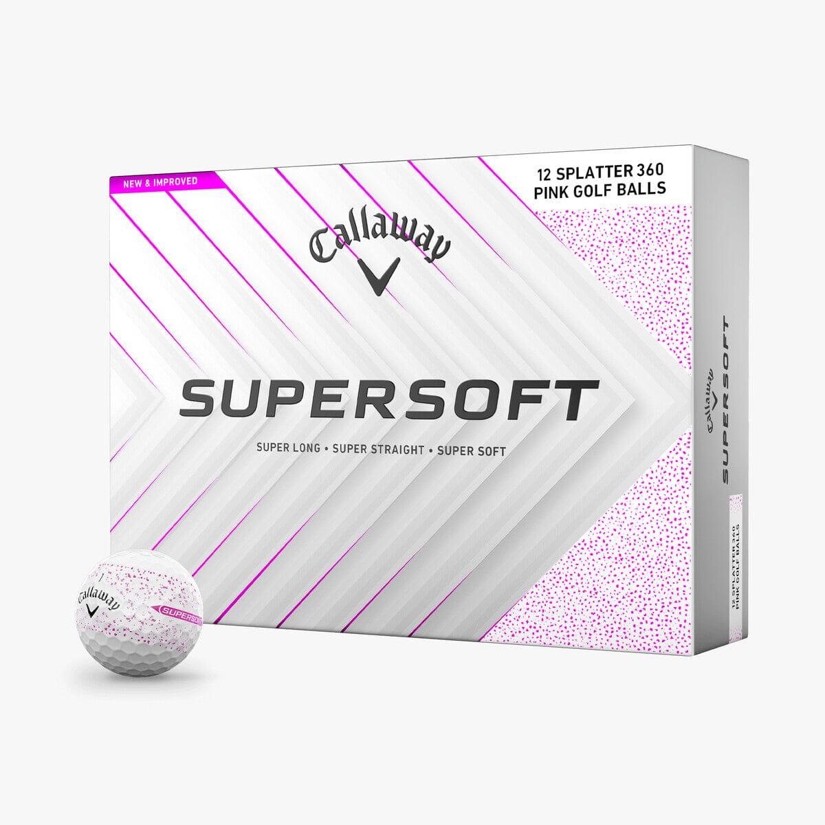 12er Pack Callaway Supersoft Splatter 360 Golfbälle in Pink mit weißem Karton.