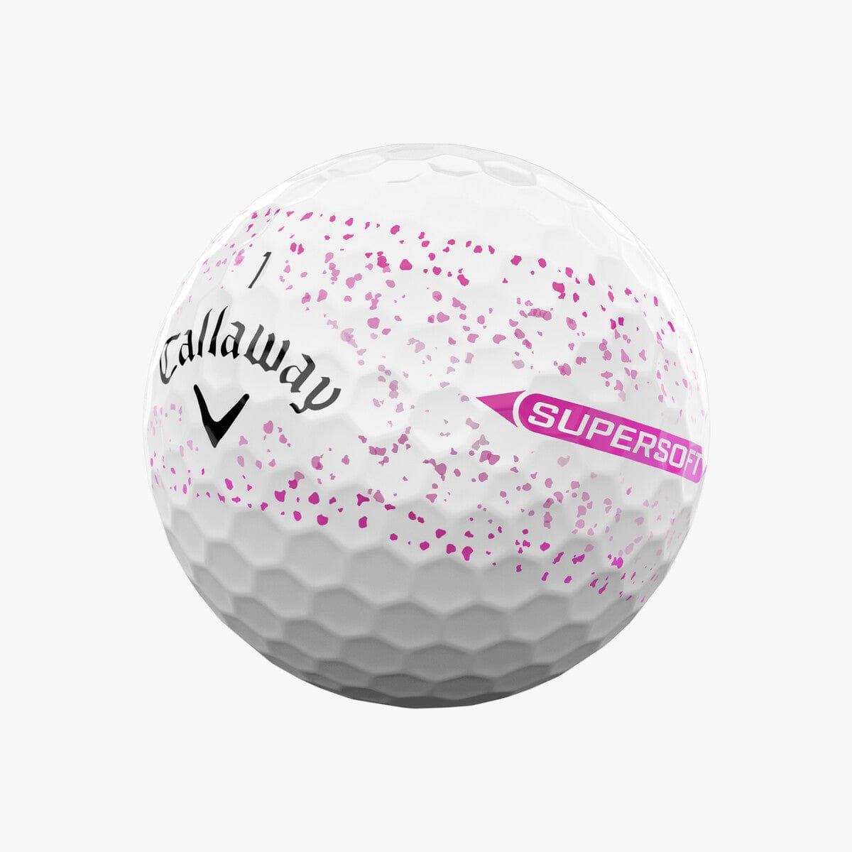 Weiße Callaway Supersoft Splatter Golfball mit pinken Farbspritzern und Logo.