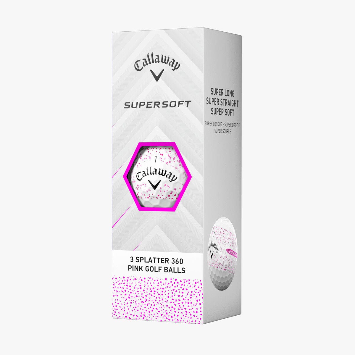 Callaway Supersoft Splatter 360 Golfbälle 12er Pack weiße Bälle mit pinken Spritzmustern in weißer Verpackung.