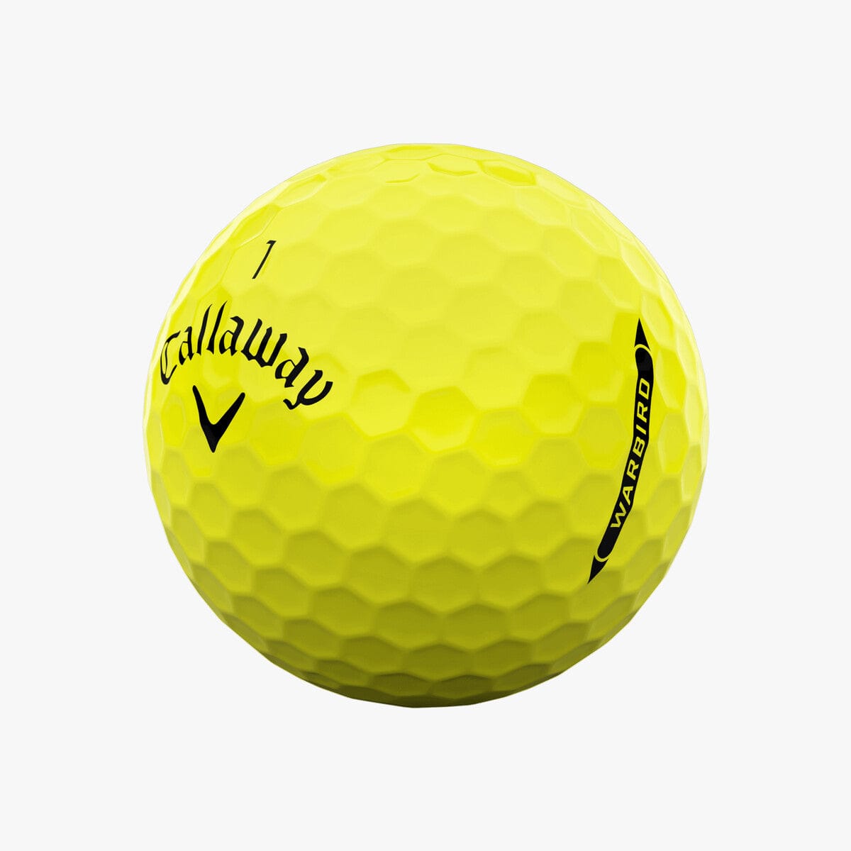 Gelber Callaway Warbird Distance+ Golfball mit Dellen und schwarzer Beschriftung.