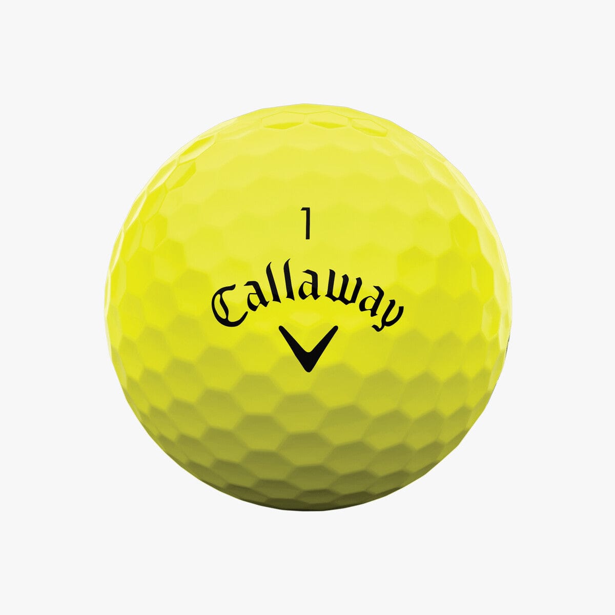 Gelber Callaway Warbird Distance+ Golfball mit schwarzem Logo und Nummer 1.