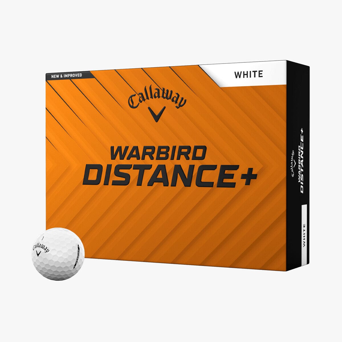 Callaway Warbird Distance+ Golfbälle 12er Pack weiße Golfbälle mit schwarzer Schrift und oranger Verpackung.
