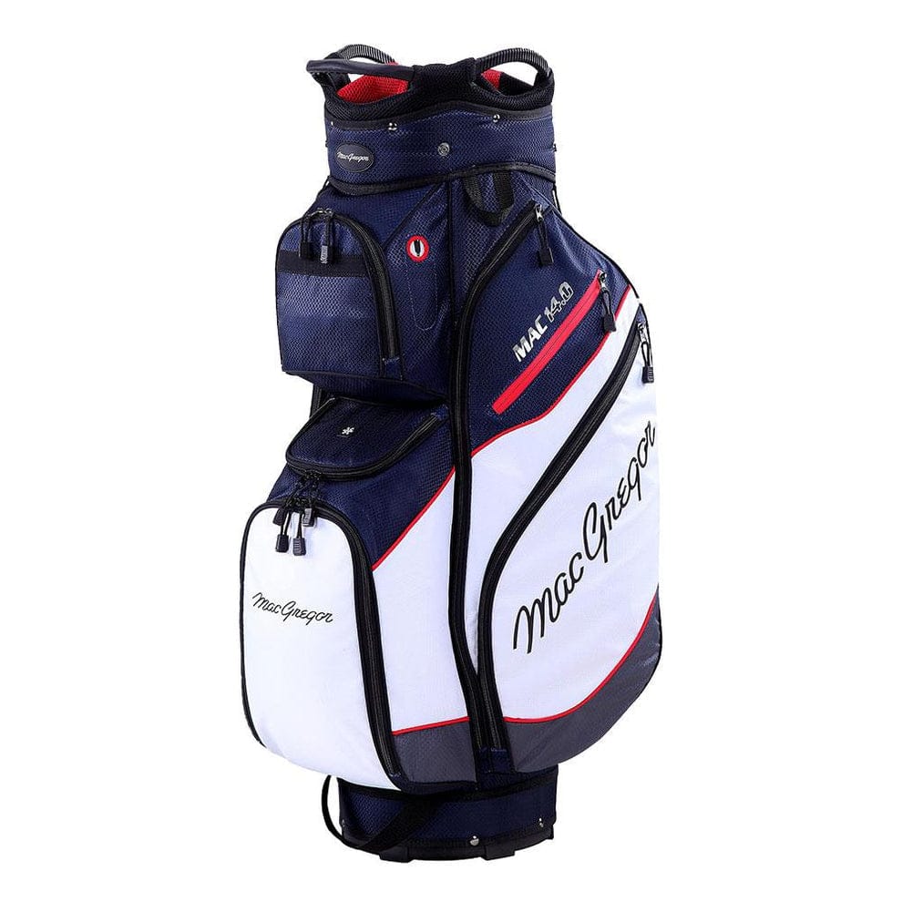 Golf Cartbag Mac 14.0 in Navy, Weiß und Rot mit mehreren Taschen und Tragegriff.