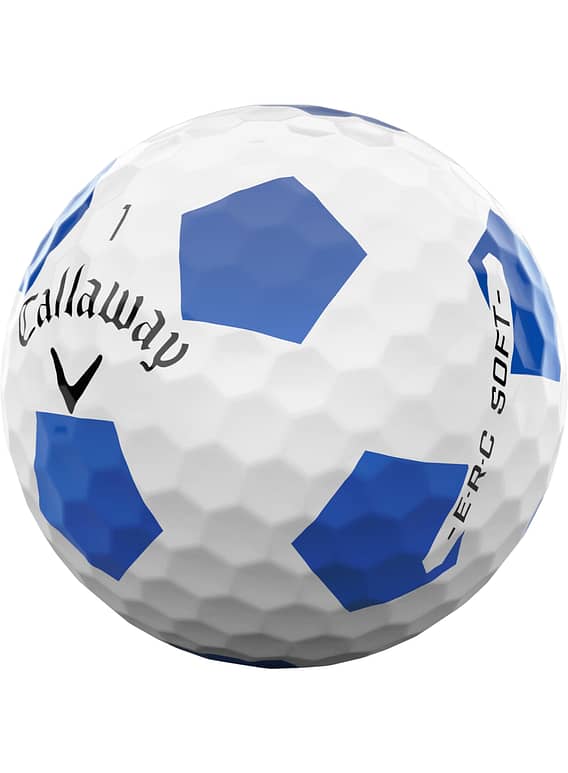 Callaway ERC Soft Truvis Golfball mit blauem Fünfeck-Design und Dimple-Struktur.