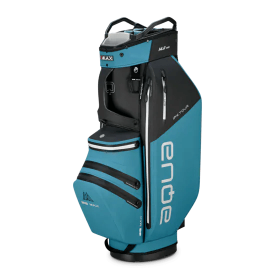 Schwarzes und blaues Big Max Aqua IPX.Tour Cartbag mit mehreren Reißverschlusstaschen und Seitenlogo.