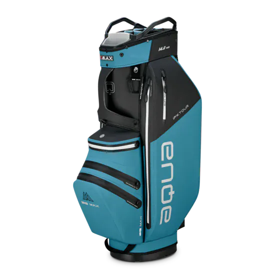 Schwarzes und blaues Big Max Aqua IPX.Tour Cartbag mit mehreren Reißverschlusstaschen und Seitenlogo.
