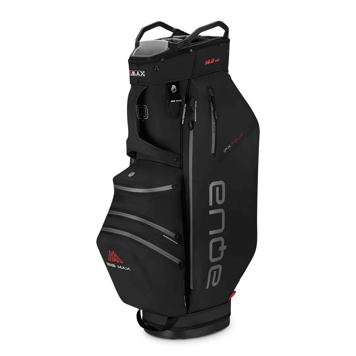 Großes schwarzes Big Max Aqua IPX.Tour Cartbag mit mehreren Reißverschlusstaschen und grauem Logoaufdruck.