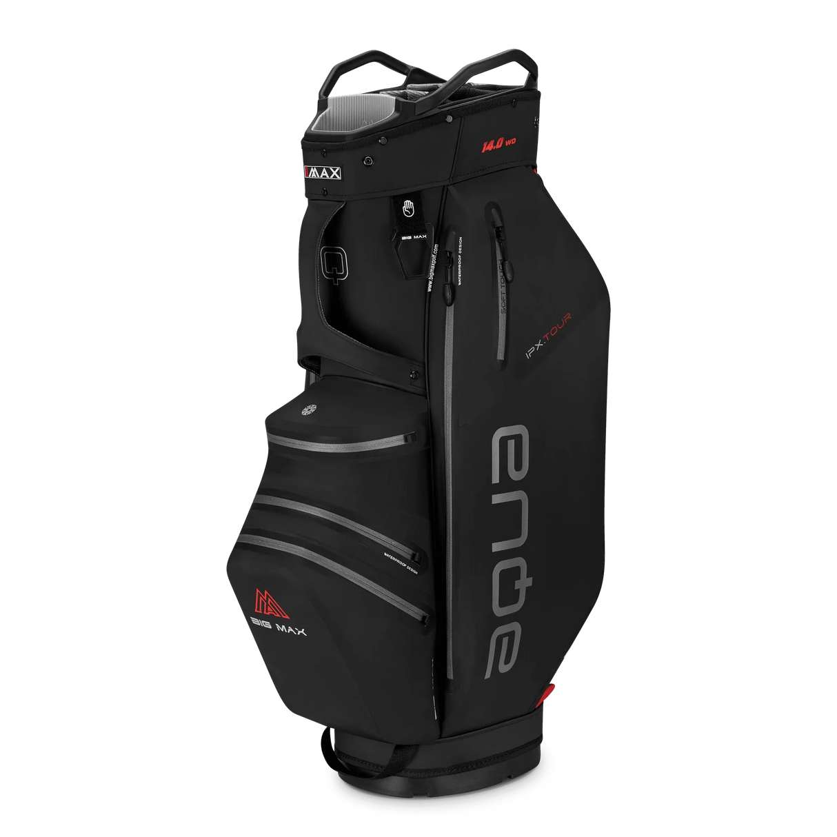 Großes schwarzes Big Max Aqua IPX.Tour Cartbag mit mehreren Reißverschlusstaschen und grauem Logoaufdruck.