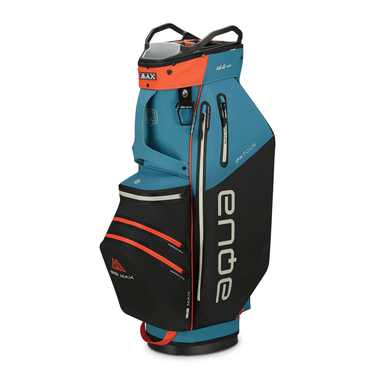 Golf Cartbag Big Max Aqua IPX.Tour in Blau-Schwarz-Orange mit mehreren Taschen und Tragegriff.