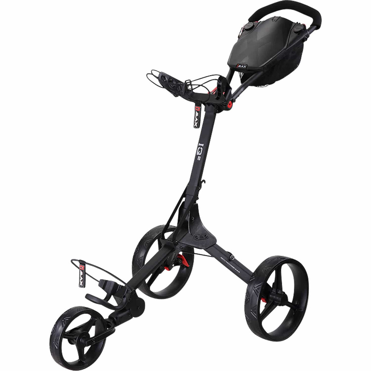 Schwarzer BIG MAX Golftrolley IQ 2 mit drei großen Rädern und praktischem Griff.