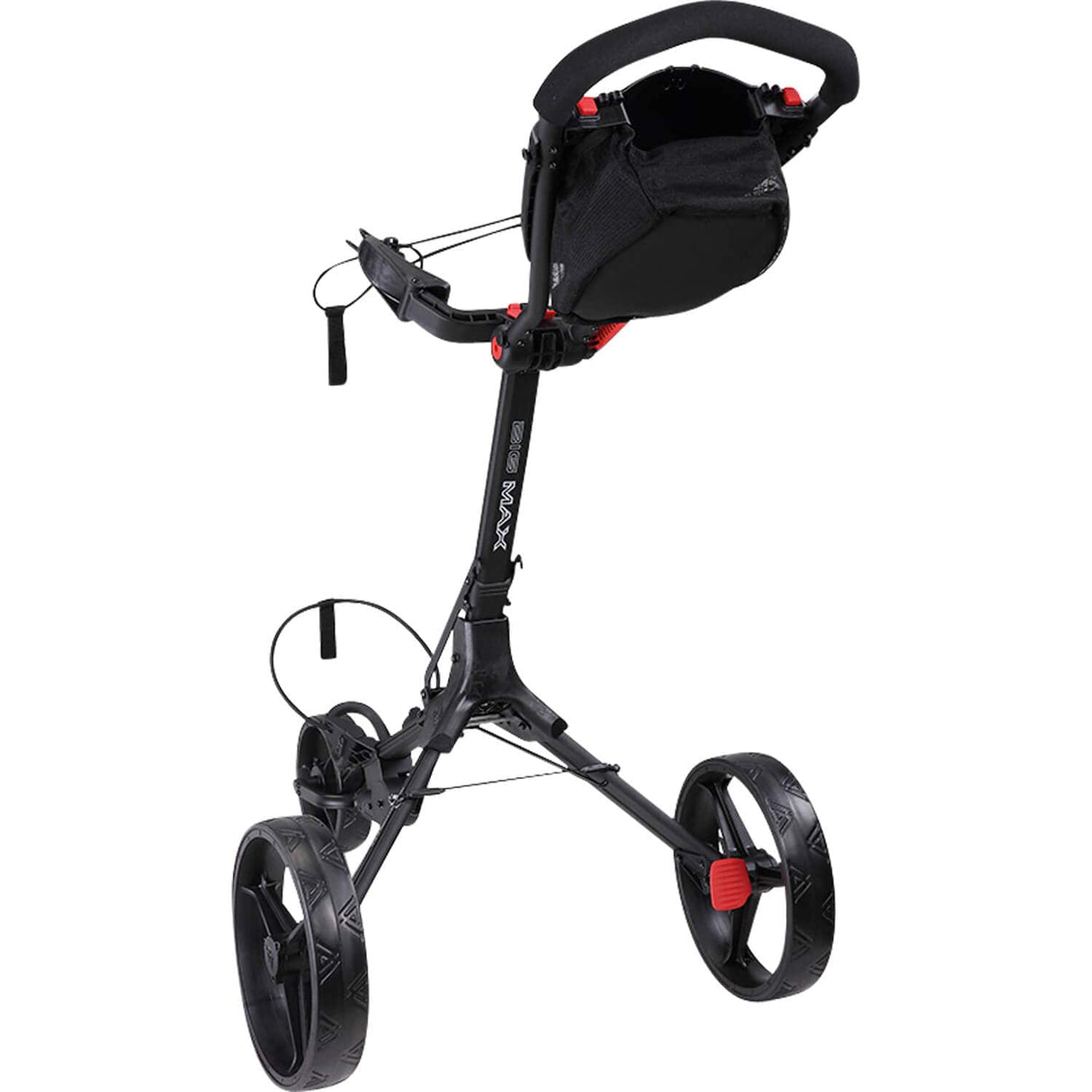 Schwarzer BIG MAX Golftrolley IQ 2 mit drei großen Rädern und ergonomischem Griff.