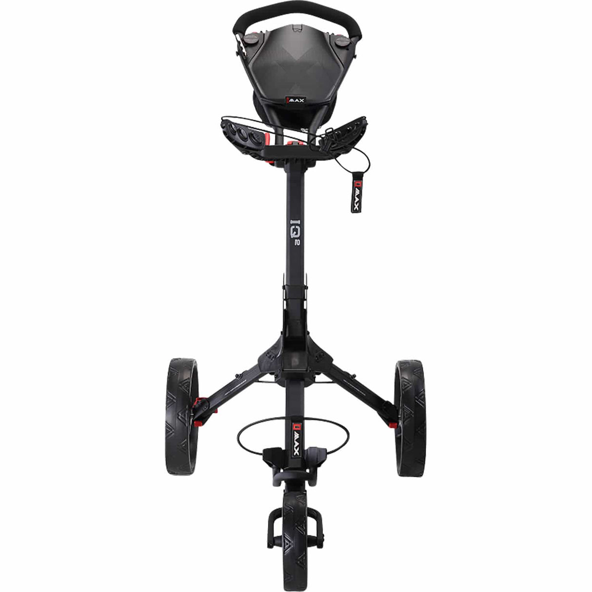 Schwarzer BIG MAX Golftrolley IQ 2 mit drei Rädern, ergonomischem Griff und digitaler Steuerung.