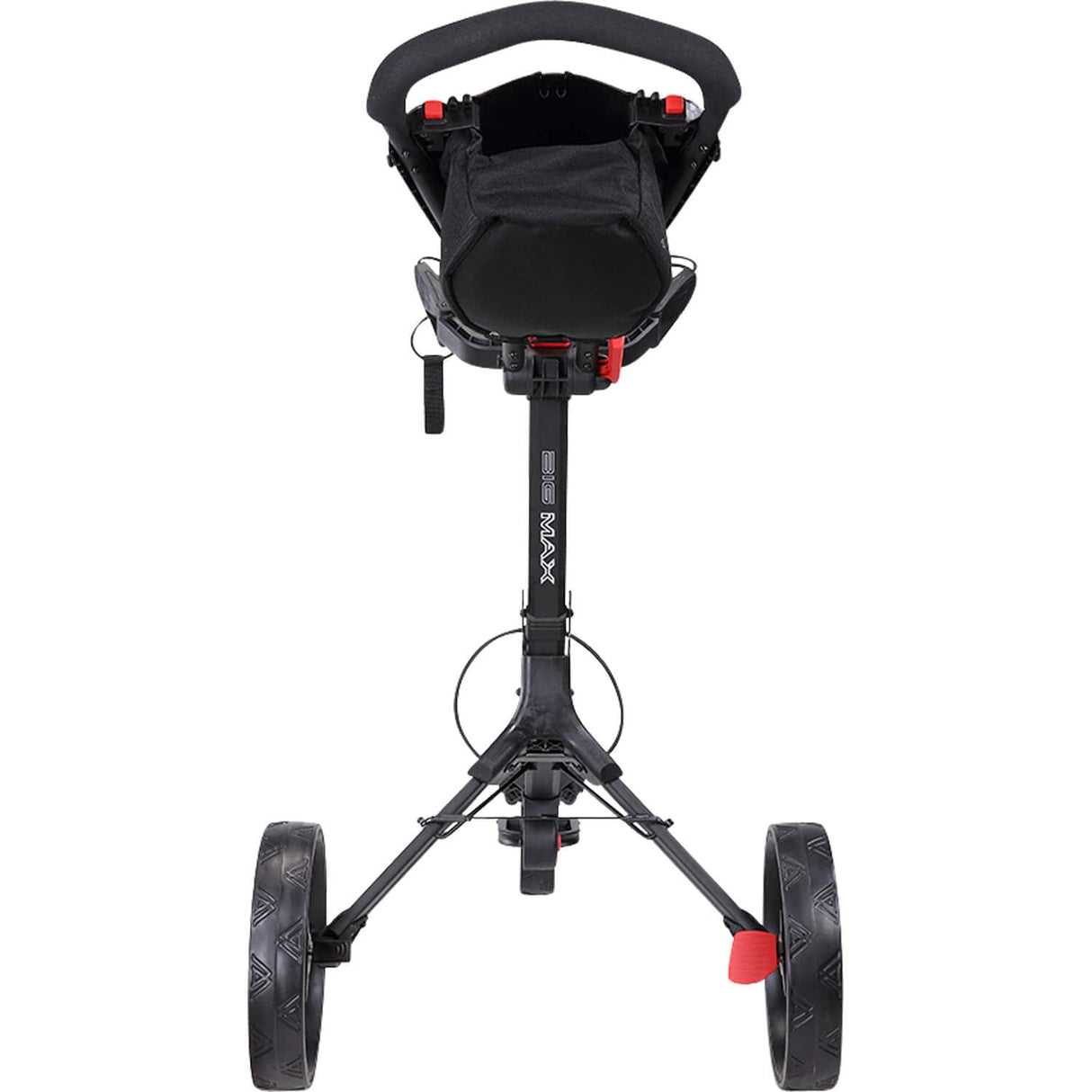 Schwarzer BIG MAX IQ 2 3-Rad-Golftrolley mit stabilem Rahmen und ergonomischem Griff.