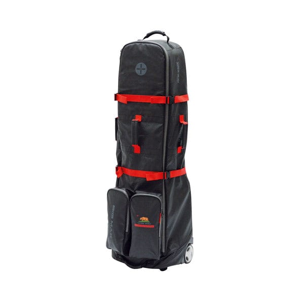 Schwarze Big Max Dri Lite Golf-Travelcover mit roten Akzenten und Rollen, robuste Außentasche.