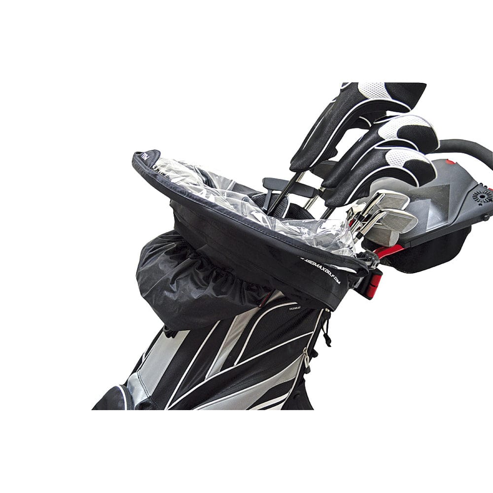 Schwarze Regenhülle mit transparenter Abdeckung für Golfwagen und Schläger, elastischer Saum.