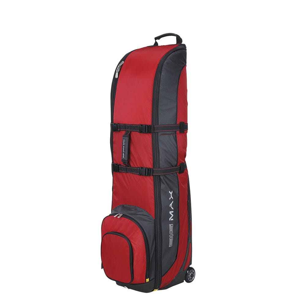 Reisetasche für Golfbag in Schwarz-Rot mit mehreren Reißverschlussfächern und Tragegriff.