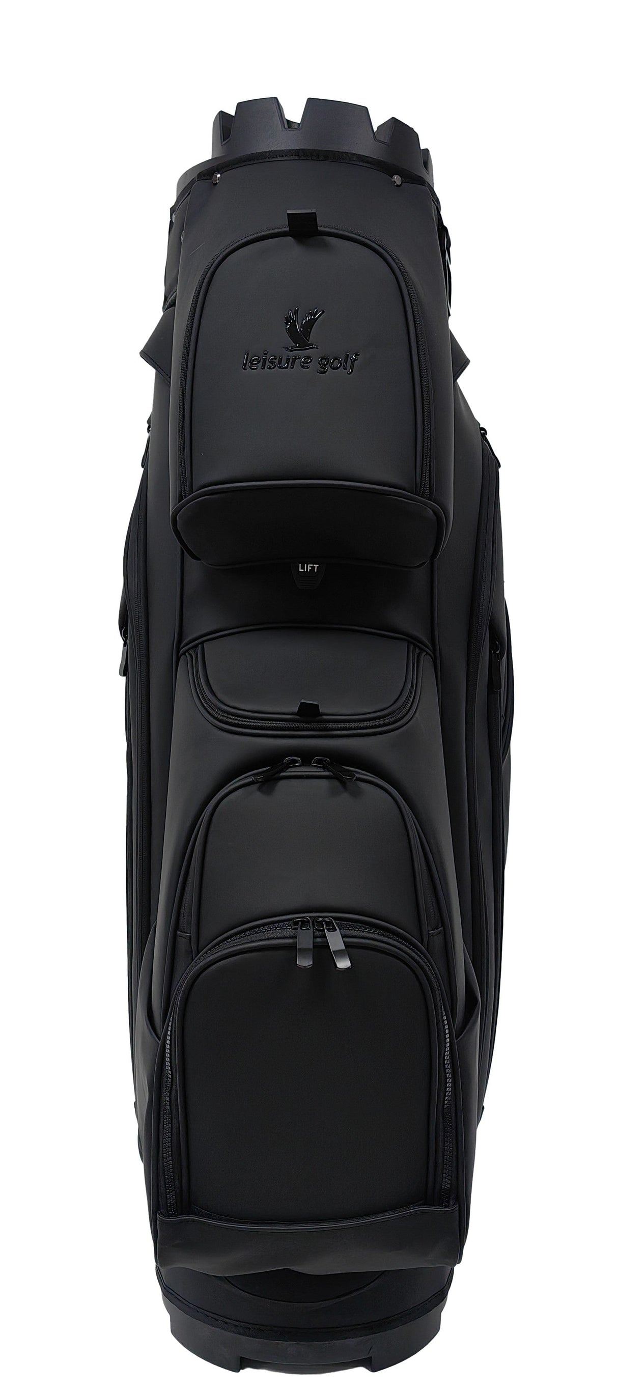 Schwarzes Leisure Luxury Cartbag aus PU mit mehreren Reißverschlusstaschen und Logoaufdruck.