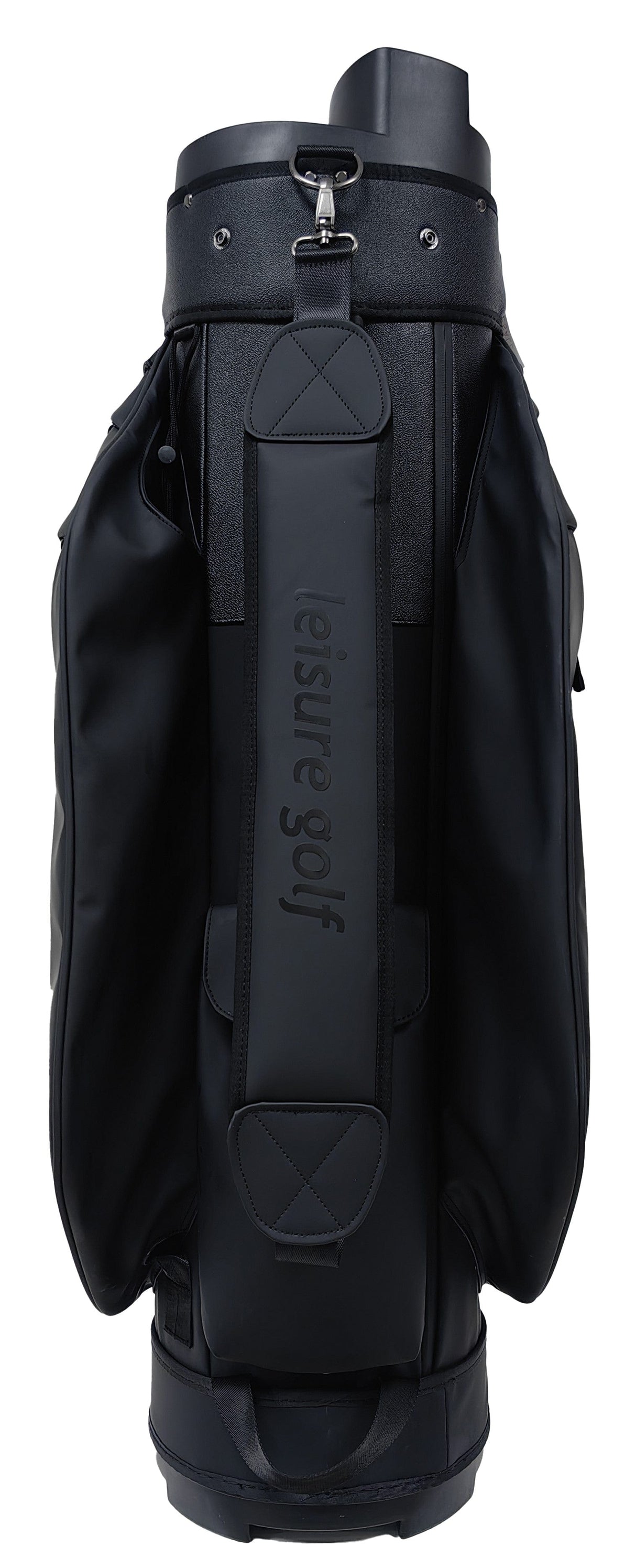 Schwarzes PU Cartbag mit mehreren Taschen und dezentem Logo-Print auf dem Tragegriff.