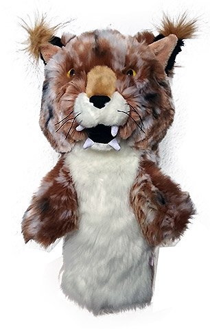 Golf-Schlägerhaube in Form eines braunen Bobcat mit Details wie Ohren, Schnurrhaaren und weißen Reißzähnen.