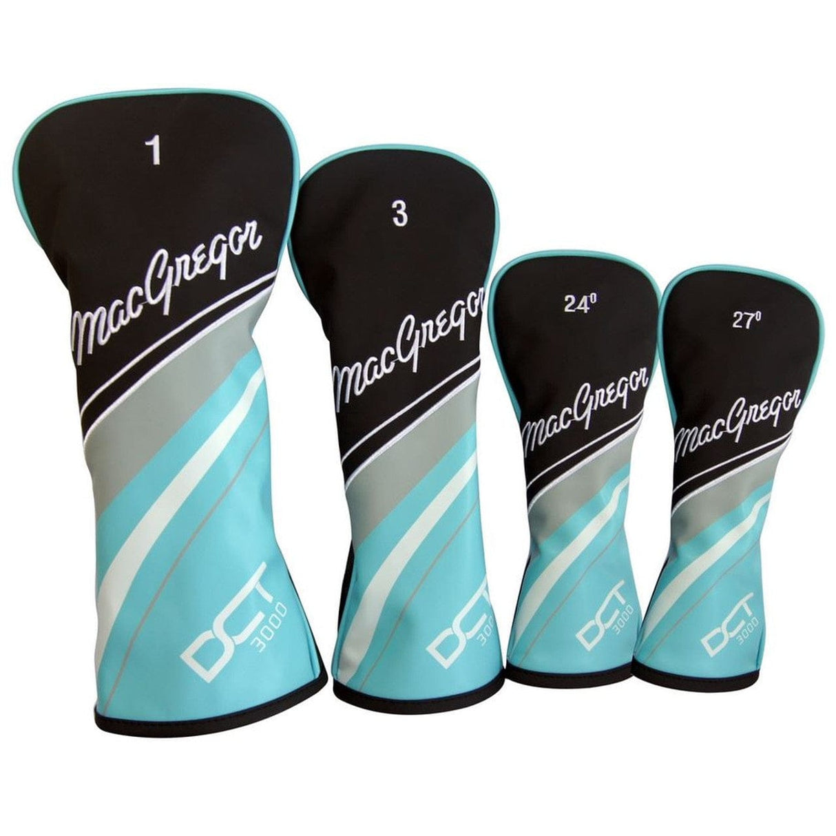 Schwarze und türkisfarbene Golfclub-Headcovers mit MacGregor-Schriftzug, vier Größen, weich gepolstert.