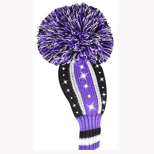 Golf-Headcover mit lila, schwarzen und weißen Streifen und großem Bommel aus Garn.