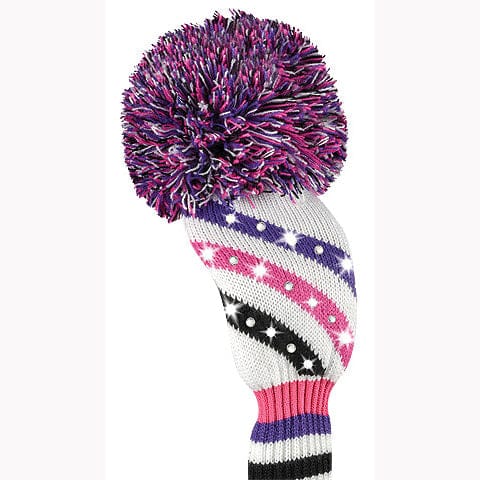 Strick-Golfkopfhaube mit Bommel in Weiß, Lila, Pink und Schwarz gestreift.