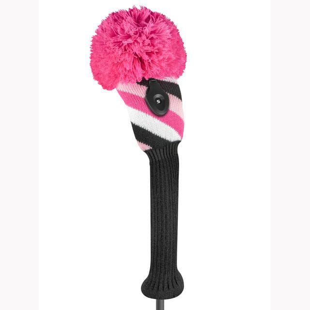 Schwarz-weißer Strick-Headcover mit pinken und weißen Streifen und großem pinkem Bommel.