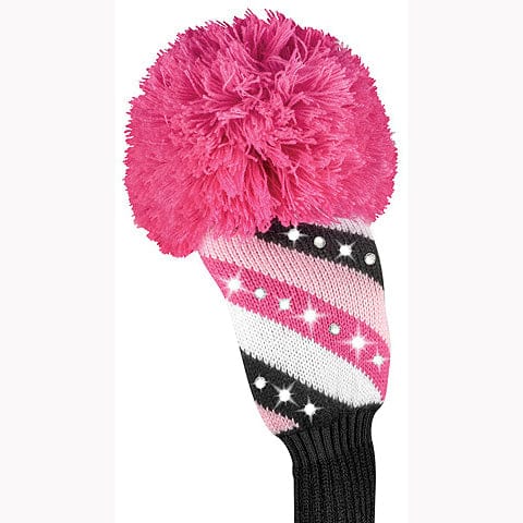 Golf-Schlägerhaube mit pinkem Bommel und schwarz-weiß-pink gestreiftem Strickdesign.