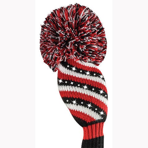Strickkopfhaube für Golf-Hybrid, rot-weiß-schwarz mit Bommel und gestreiftem Muster.