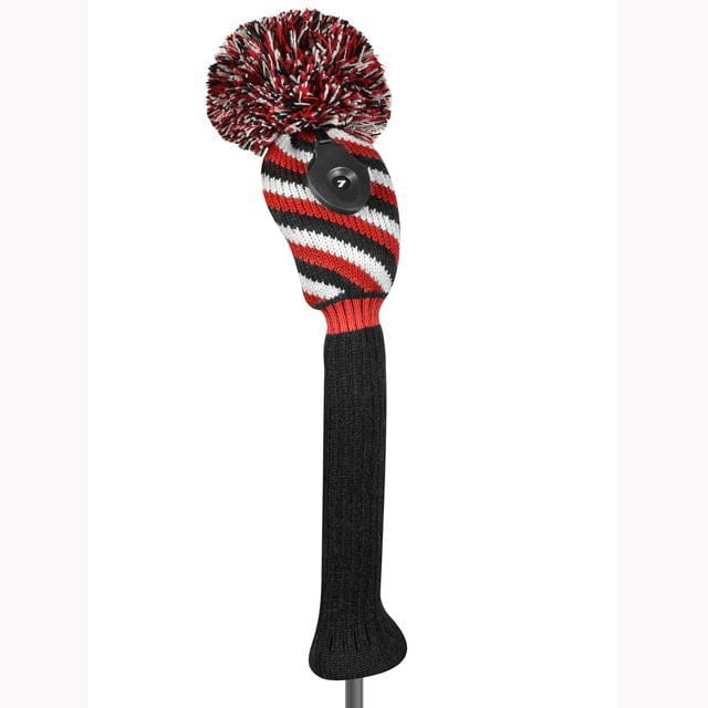 Strick Headcover für Hybrid Schläger in Schwarz, Weiß und Rot mit Bommel und Knopfdetail.
