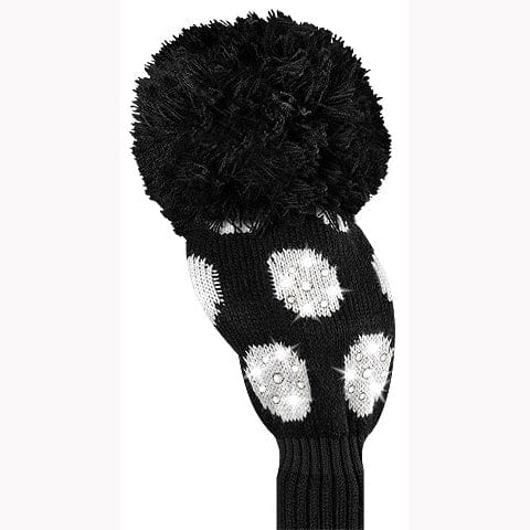 Schwarze gestrickte Golf-Driver-Schlägerhaube mit großen weißen Punkten und Bommel oben.
