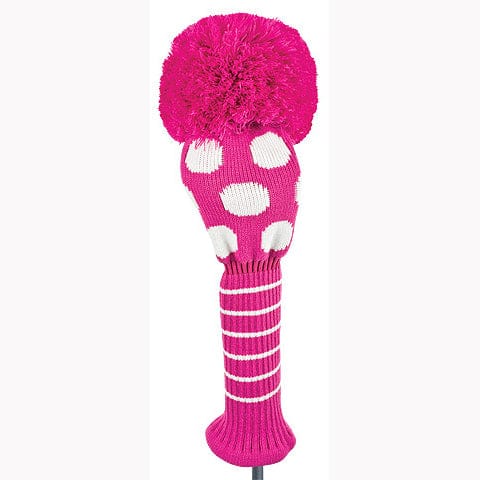 Pink-weiße gestrickte Golf-Driver-Schlägerhaube mit großen Punkten und Bommel.