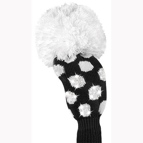Schwarz-weiße gestrickte Golf-Schlägerhaube mit großen Punkten und großem weißem Bommel.