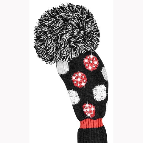 Schwarze gestrickte Golf-Schlägerhaube mit roten und weißen Punktemustern und großem Bommel.