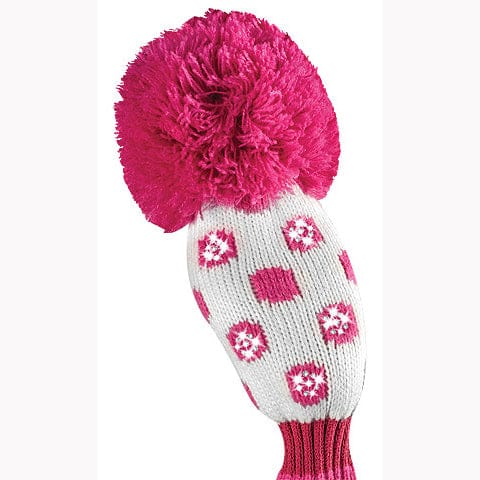 Weiß-rote gestrickte Golf-Schlägerhaube mit großen Punkten und rotem Bommel oben.