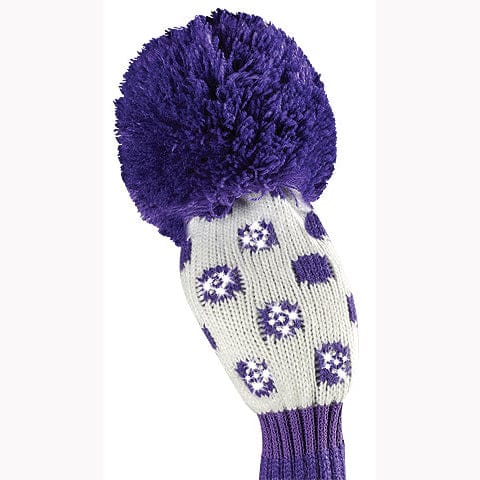 Lila und weiße gestrickte Golf-Schlägerhaube mit großen lila Pompons und Punkte-Muster.