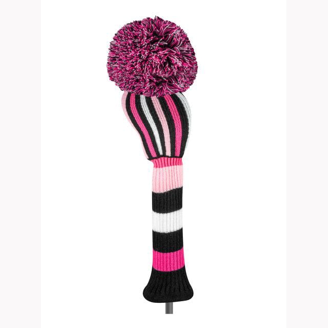 Golfkopfhaube für Driver in Schwarz, Weiß, Pink mit Bommel und gestreiftem Design.
