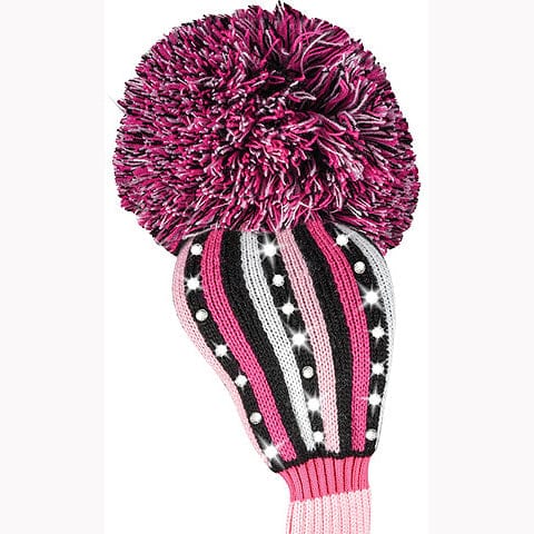 Strick-Golf-Driverhaube in Schwarz, Pink und Weiß mit großem Bommel.