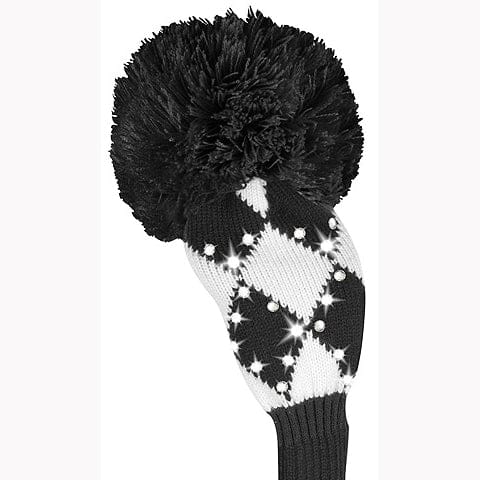 Schwarz-weiß gemusterte Fairway-Headcover aus gestricktem Material mit Pompon oben.