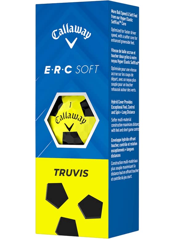 Blauer und gelber Callaway ERC Soft Truvis Golfball-Verpackungskarton mit Sichtfenster.