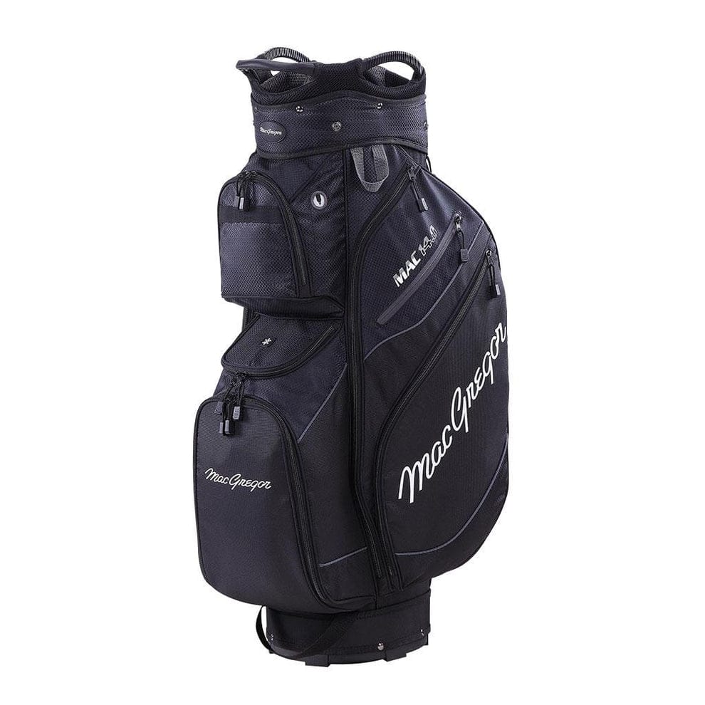 Schwarzes Mac 14.0 10" Cart Bag mit mehreren Reißverschlussfächern und weißem Logo-Schriftzug.