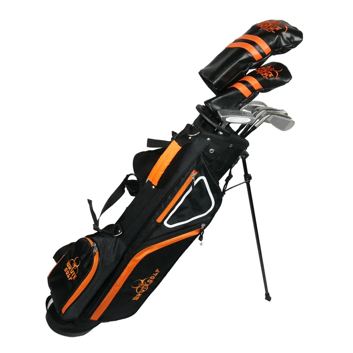 Schwarzes und orangefarbenes Golfset mit Golfschläger-Tasche und bequemen Tragegurten.
