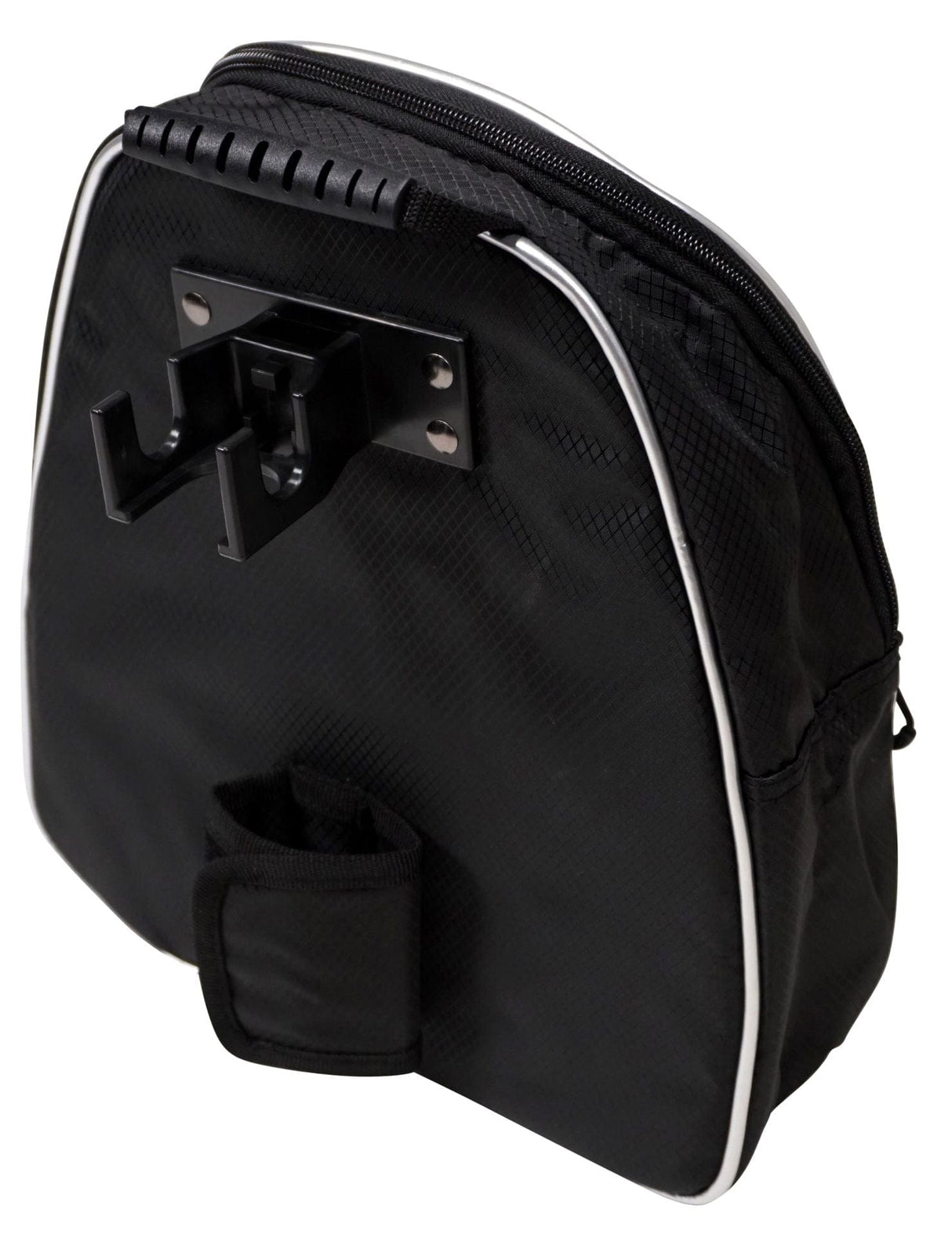 Schwarze Tour Made Caddie Cooler Kühltasche mit weißer Kantennaht und Halterung für Trolley-Zubehör.