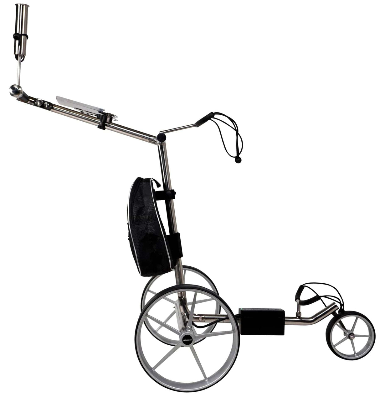 Schwarzer Tour Made Caddie Cooler Kühltasche am silbernen Golf Trolley mit großen und kleinen Rädern.