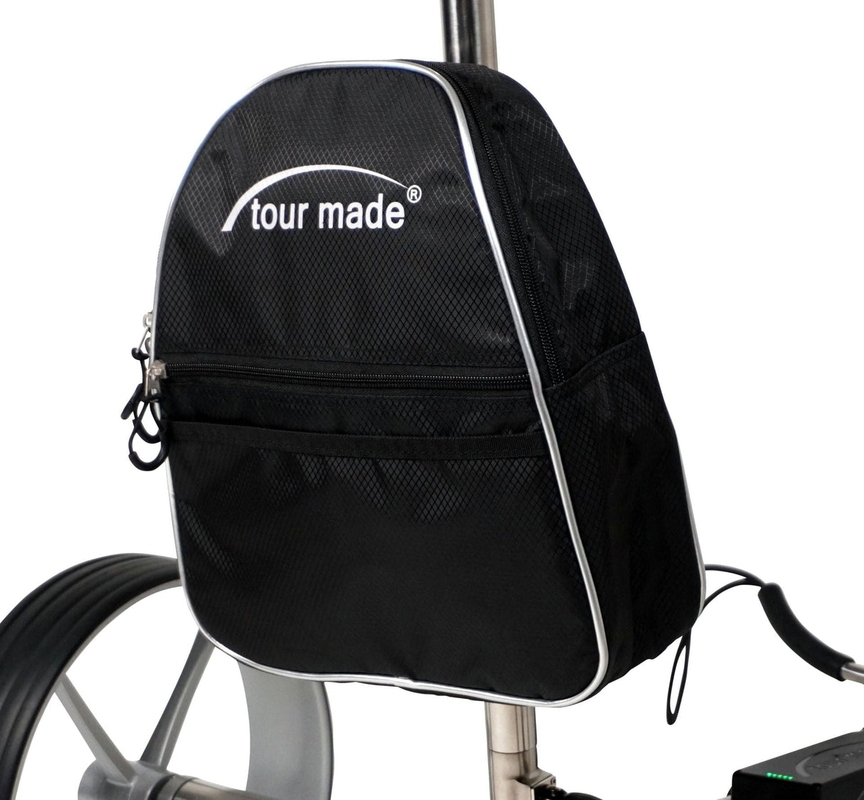 Schwarze Tour Made Caddie Cooler Kühltasche aus Nylon mit weißem Logo und Reißverschlussfach.