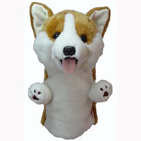 Weicher Golf-Driver-Headcover in Form eines braun-weißen Corgi mit herausgestreckter Zunge.
