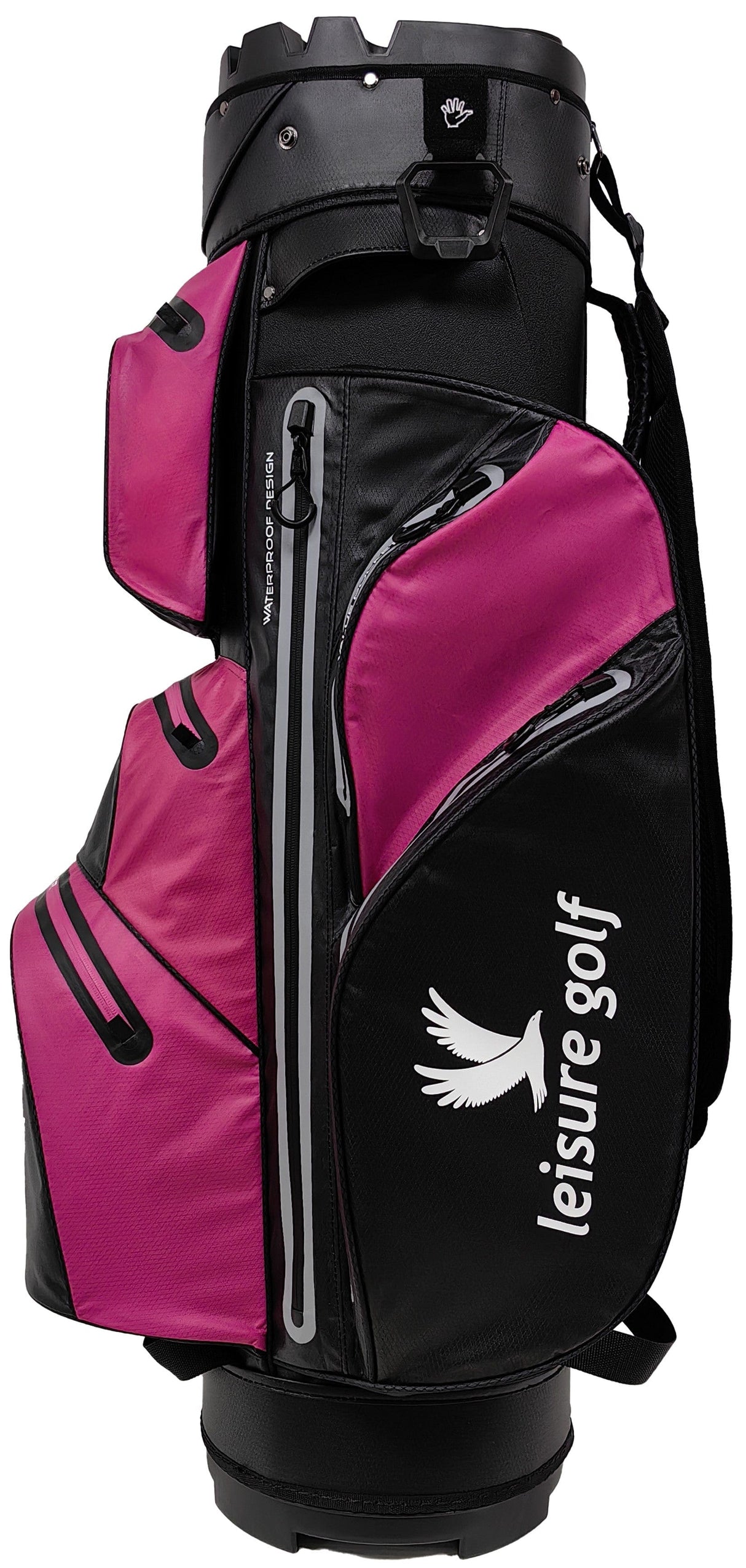 Schwarzes und pinkfarbenes Golf-Cartbag mit mehreren Reißverschlusstaschen und leisure golf Logo.