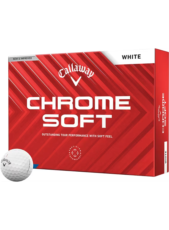Rote und weiße Callaway Chrome Soft Golfball-Verpackung mit 12 Golfbällen und Logo.